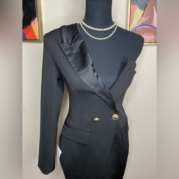 Black and Gold One Shoulder Blazer Dress - Picture 2 of 10